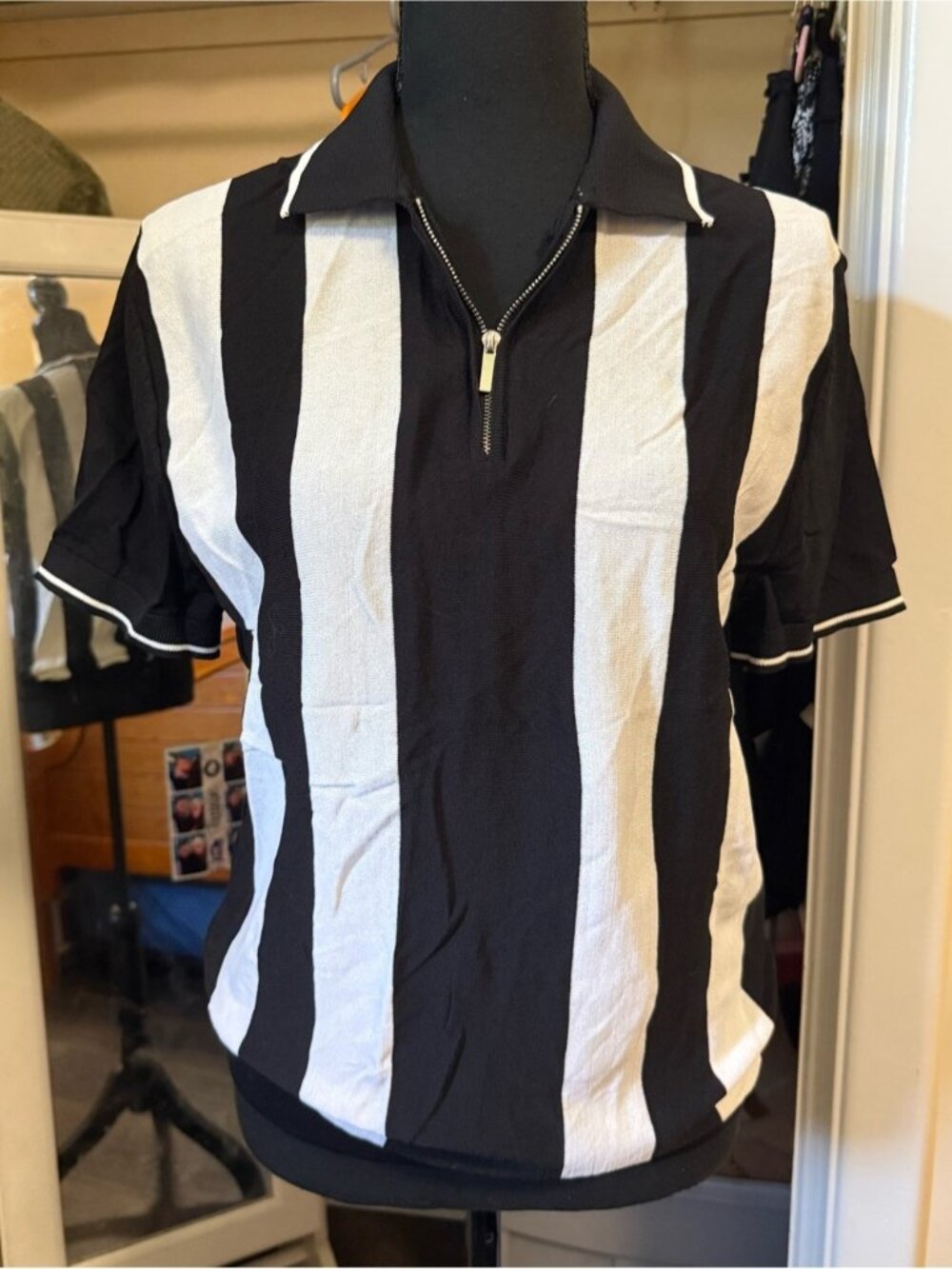 Grace Karin Black and White Vertical Stripe Zip Polo